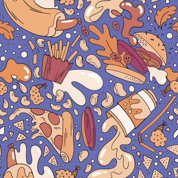 monochrome seamless pattern with fast food floating in zero gravity in orange colors on a purple . Vector illustration
