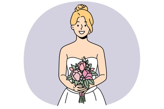 Smiling woman in wedding dress holding flowers before marriage ceremony. Happy bride in gown with bouquet enjoy celebration. Vector illustration.