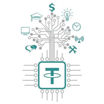 Grow Tether crypto tree on CPU computer chip isolated on white background. Cryptocurrency BTC electronic investment. Blockchain crypto currency cash