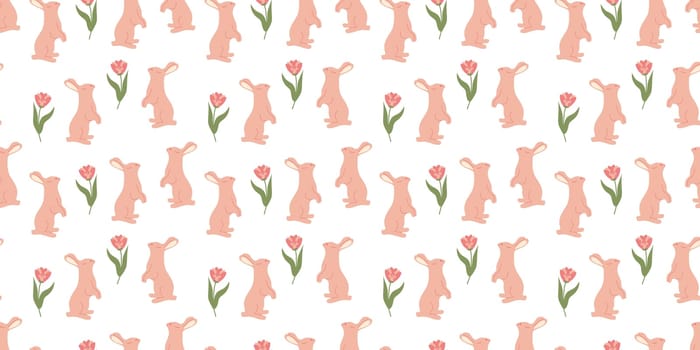Bunny seamless pattern with leaves in doodle style. Endless Illustration with animals. White rabbits with botanical elements on white background. Cute kids design.