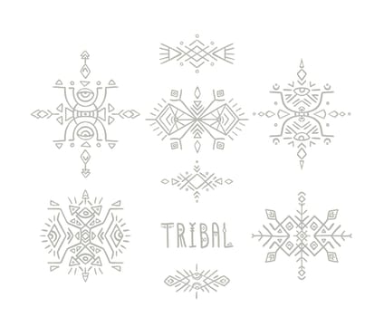 Abstract vector logo templates inspired by tribal and Indigenous art. Geometric angles and freehand elements create decorative designs.
