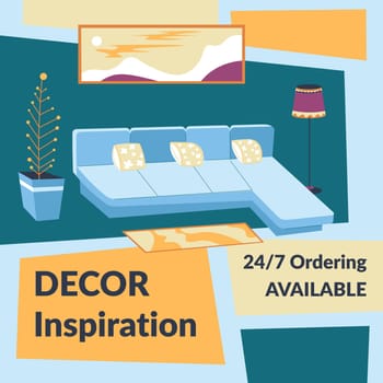 Home interior decor inspiration for apartment and dwelling beauty. Ordering available every day. Furniture and framed picture and art. Promotional banner for advertisement. Vector in flat style