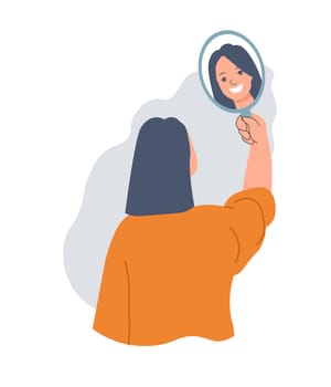 Female character looking at her mirror reflection, smiling and embracing herself. Isolated woman with positive attitude towards body and appearance, and normal self esteem. Vector in flat style