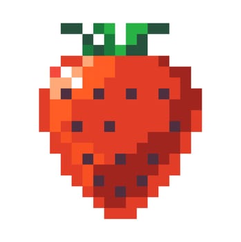 Strawberry pixel art, sign of tasty and ripe product. Organic and natural ingredients for balanced nourishment and nutrition. Pixelated isolated icon, 8 bit game design, Vector in flat style
