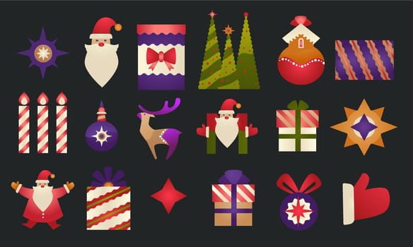 Christmas and new year isolated icons. Santa Claus character and pine tree with baubles, glowing star and presents, gift boxes and ball with star. Deer and pattern prints. Vector in flat style