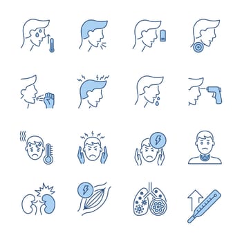 Coronavirus symptoms related vector icons set. Contains such Icons as headache, fever, high temperature, pneumonia, sore throat, cough, muscle pain, kidney failure, lungs Infection, fatigue
