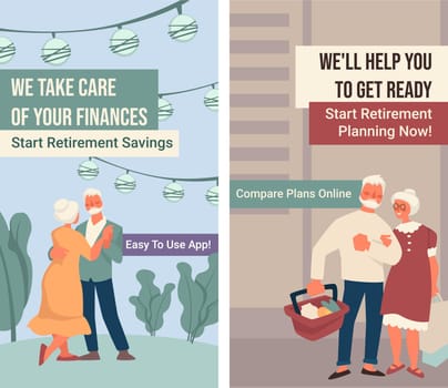 Retirement planning now, we take care of your finances. Savings and investments for pensioners. Compare plans online, easy to use application. Enjoying senior years, banners. Vector in flat style