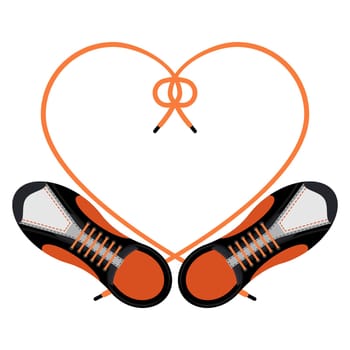 A pair of sneakers and a heart shaped shoelaces. A pair of gym shoes with long laces. Isolated vector illustration on white background. Flat style.
