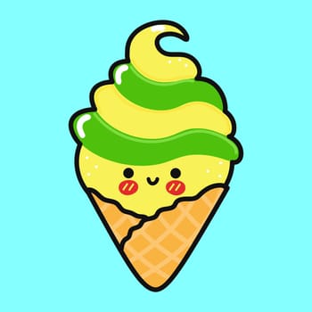 Cute funny Ice cream. Vector hand drawn cartoon kawaii character illustration icon. Isolated on blue background. Happy Ice cream character concept