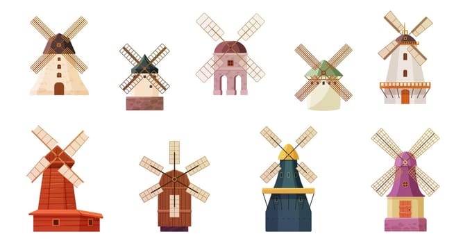 Old windmills set. Vintage stone and wooden wind mills of farm countryside landscape of Netherlands or Holland, Dutch towers with fan for grinding wheat grains to flour cartoon vector illustration
