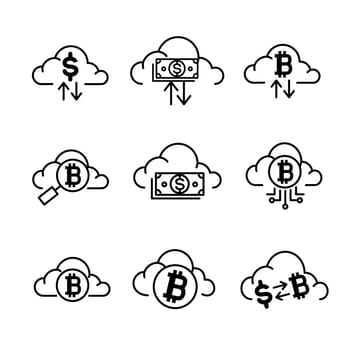 Crypto finance cloud business service icon set isolated on white background, Cryptocurrency exchange sign symbols. Modern payment digital technology