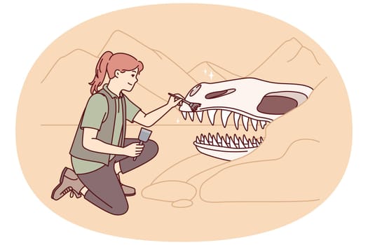 Woman archaeologist near giant dinosaur skull cleans head ancient animal with brush. Girl explorer kneeling down participates in excavation, carefully removing skeleton from sand. Flat vector design