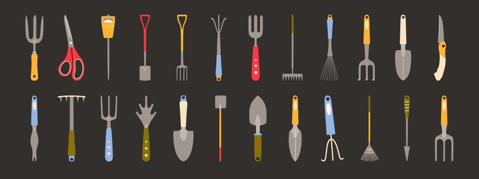 Collection of garden tools. Scissors, pruner, shovel, rake, pitchfork, knife. Hand drawn vector illustration