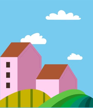 Vector art of a single house on a sunny hill, encapsulating a calm residential setting.