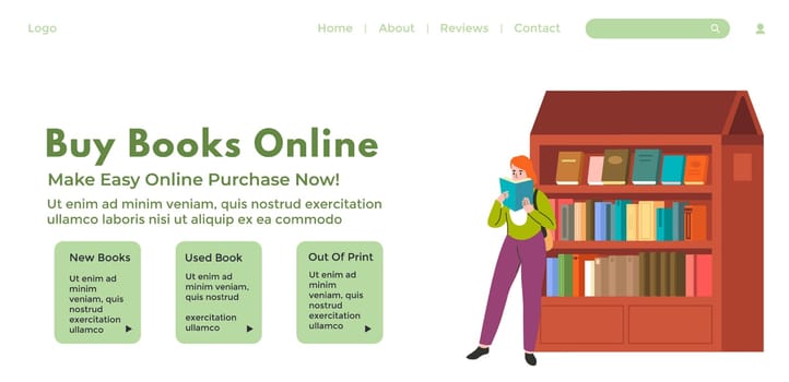 Digital library landing page, vector graphic with interactive elements.