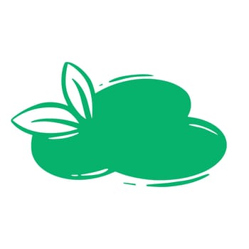 Blank green sticker in form of cloud with leaf. Ecological label with copy space. Organic product or service symbol with empty space, vector graphic