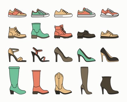 Flat Vector Linear Male and Female Shoes Icon Set Isolated. Sneakers, Shoes, Boots Footwear Color Icons.