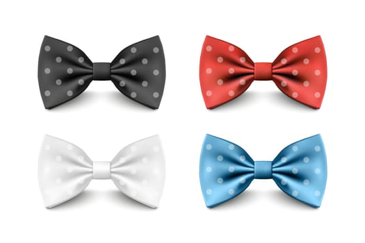 Vector 3D Realistic Red, Black, Blue, White Bow Tie Set Isolated. Silk Glossy Bowtie, Tie Gentleman. Mockup, Design Template of Stylish Bow Tie for Men. Fashion, Father s Day Holiday Concept.