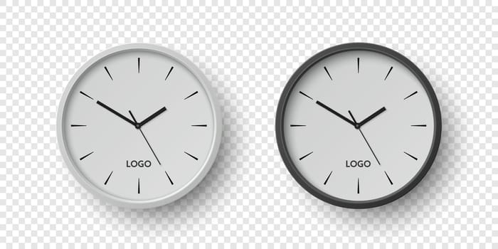 Vector 3d Realistic Round Wall Office Clock Set. White and Black Dial Closeup Isolated. Design Template, Mock-up for Branding, Advertise. Simple Minimalistic Wall Clocks in Front View.