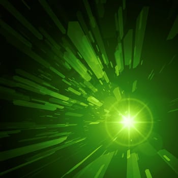 A vibrant green burst radiates dynamically from a central point, creating an abstract design with streaks suggesting motion and energy.
