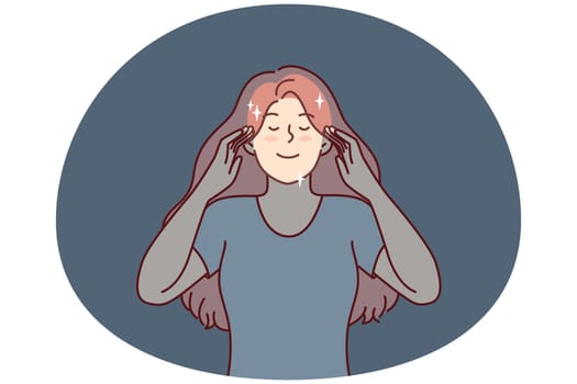 Peaceful woman touches temples with eyes closed, dreams of happy future or meditates to get rid of bad thoughts. Girl with long hair glows with positive emotions and good mood. Flat vector image