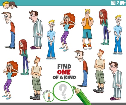 Cartoon illustration of find one of a kind picture educational activity with surprised young people characters