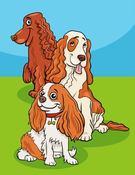Cartoon illustration of three funny purebred spaniel dogs comic animal characters group