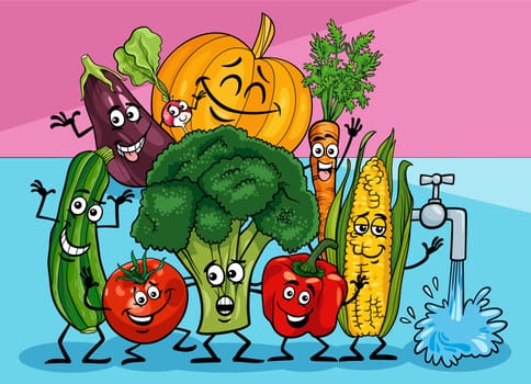 Cartoon illustration of happy vegetables food objects characters group