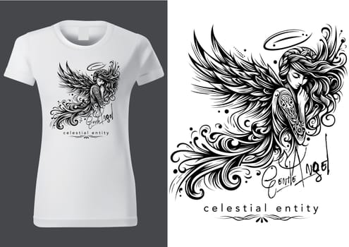 Gentle Angel as a Motif with a Beautiful Girl with Long Hair for Textile Print - Black and White Illustration, Vector