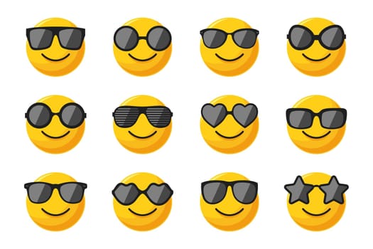 Smiling Round Yellow Face with Sunglasses. Funny Yellow Sphere Character Set, Positive Facial Expression. Vector Illustration.