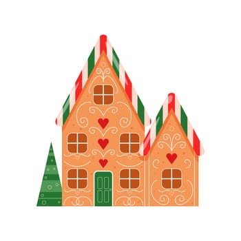 Decorative gingerbread cottage. Traditional Christmas cookie, holiday winter bakery flat vector illustration