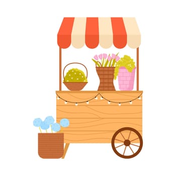 Flower market cart on wheels. Flowers compositions, flowers bouquets buying cartoon vector illustration