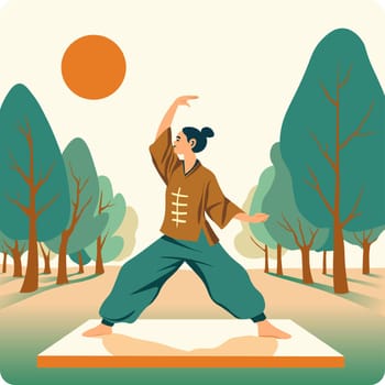 Calm tai chi session outdoors, flat vector illustration, depicting peaceful exercise in a serene park setting, ideal for wellness content.