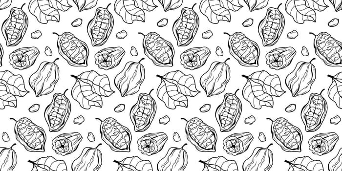 Black and white cocoa pattern. Endless illustration with cocoa fruits and graceful leaves. Vector illustration