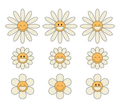 Groovy daisy chamomile flower characters set. Hippie retro style. Flower icons. Vector illustration