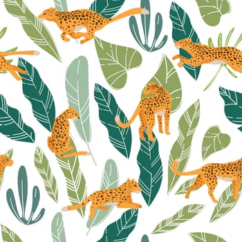 Wildlife flora and fauna, seamless pattern of cheetah or leopard with spotted fur. Running and sitting animal, hunting predator, carnivore in calm state. Jungle wilderness. Vector in flat style