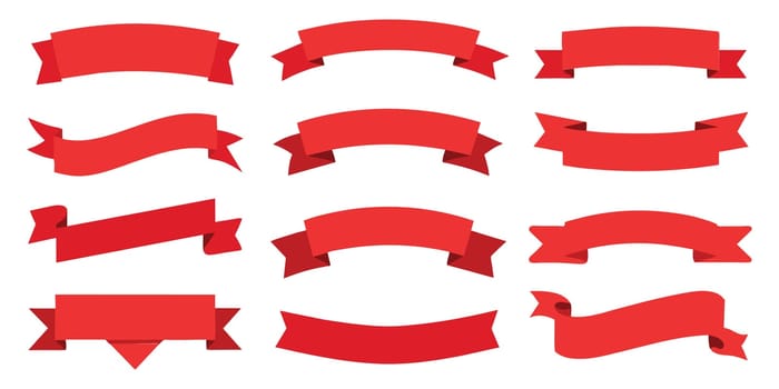 Fantastic lovely ribbon, banner or tag vector logo art set. Flat red color. Vector illustration