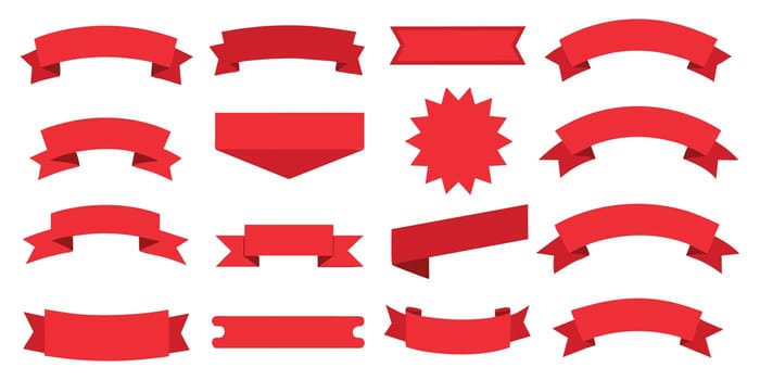 Excellent lovely ribbon, banner or tag vector logo art set. Flat red color. Vector illustration