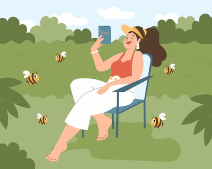 A woman reads a book in nature. Hobby and leisure concept. Illustration, clipart, vector