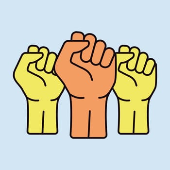 Three clenched fists raised in protest vector isolated icon. Protest, strength, freedom, revolution, rebel, revolt concept