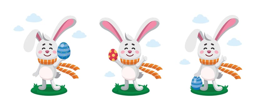 Easter rabbit, bunny, hare shows Thumb Up Sign and hold Easter egg. Egg hunt collection. Vector digital illustrations set. Flat design. Cartoon style. Easter character, mascot. Egg hunt concept