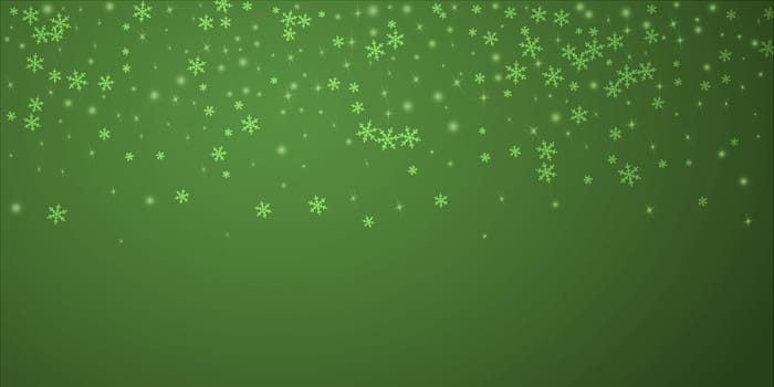 Snowy christmas background. Subtle flying snow flakes and stars on christmas green background. Delicate sweet snowy christmas. Wide vector illustration.