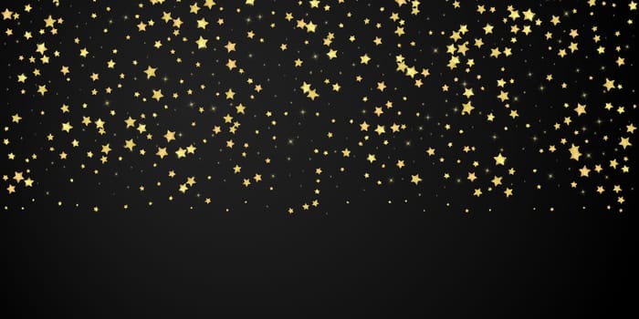 Magic stars vector overlay. Gold stars scattered around randomly, falling down, floating. Chaotic dreamy childish overlay template. Magical cartoon night sky on black background.