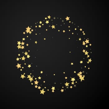 Magic stars vector overlay. Gold stars scattered around randomly, falling down, floating. Chaotic dreamy childish overlay template. Miraculous starry night vector on black background.