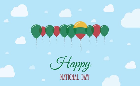 Lithuania Independence Day Sparkling Patriotic Poster. Row of Balloons in Colors of the Lithuanian Flag. Greeting Card with National Flags, Blue Skyes and Clouds.
