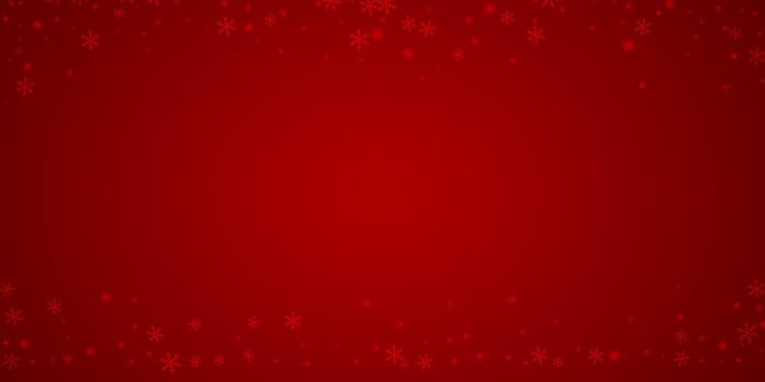 Magic falling snow christmas background. Subtle flying snow flakes and stars on christmas red background. Magic falling snow holiday scenery. Wide vector illustration.