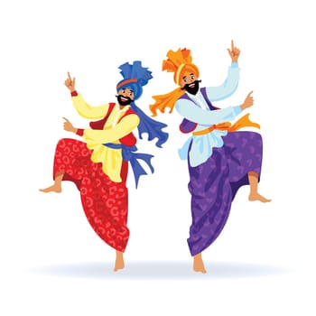 Two happy bearded Sikh men dancing bhangra dance in colorful clothes on Indian festival. Cartoon