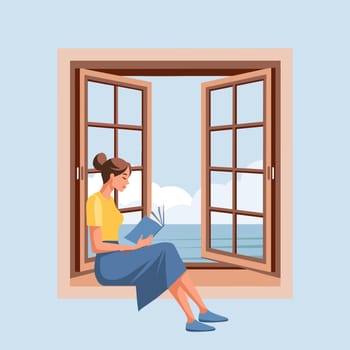 A cute woman is reading a book while sitting near an open window with a landscape. Illustration for a bookstore. Education and recreation concept. Vector