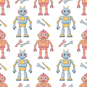 Seamless pattern of cartoon characters robots and droids. Background from cute children's robot toys. Vector