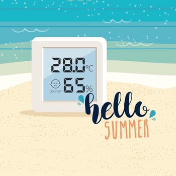 Beach background with a celsius digital weather thermometer. Summer banner vector illustration